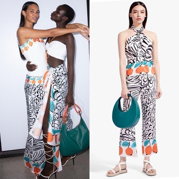 STAUD Satin Abstract Stripe Citrus Print High Rise Ankle Crop Oscar Trousers 2 - Picture 6 of 9